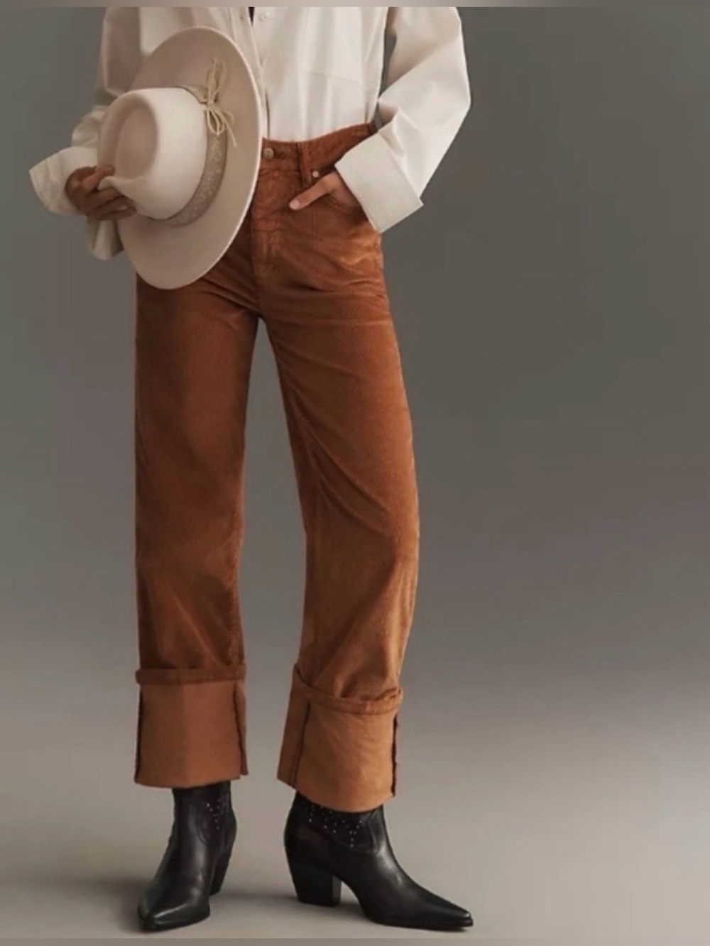 Anthro Pilcro Scotty Cuffed Corduroy High Rise Straight Jean Rust Brown Sz 28 - Picture 2 of 7